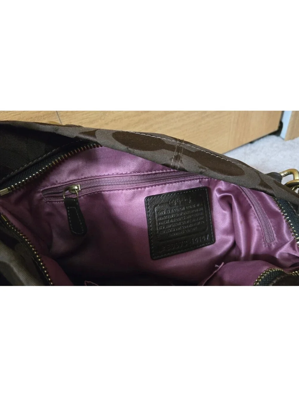 Coach Signature Brown Canvas and Leather Tote Bag with Gold Hardware and Purple-